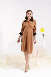 Silk Shirt Dress with Contrast Collar and Cuff Accents